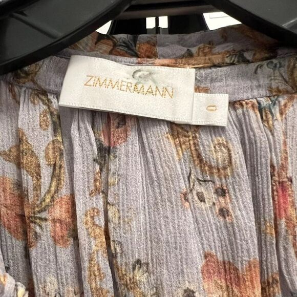 Auth Zimmermann Blue Floral Print Crinkled Chiffon Ruffled Drawstring Dress XS - Picture 10 of 10